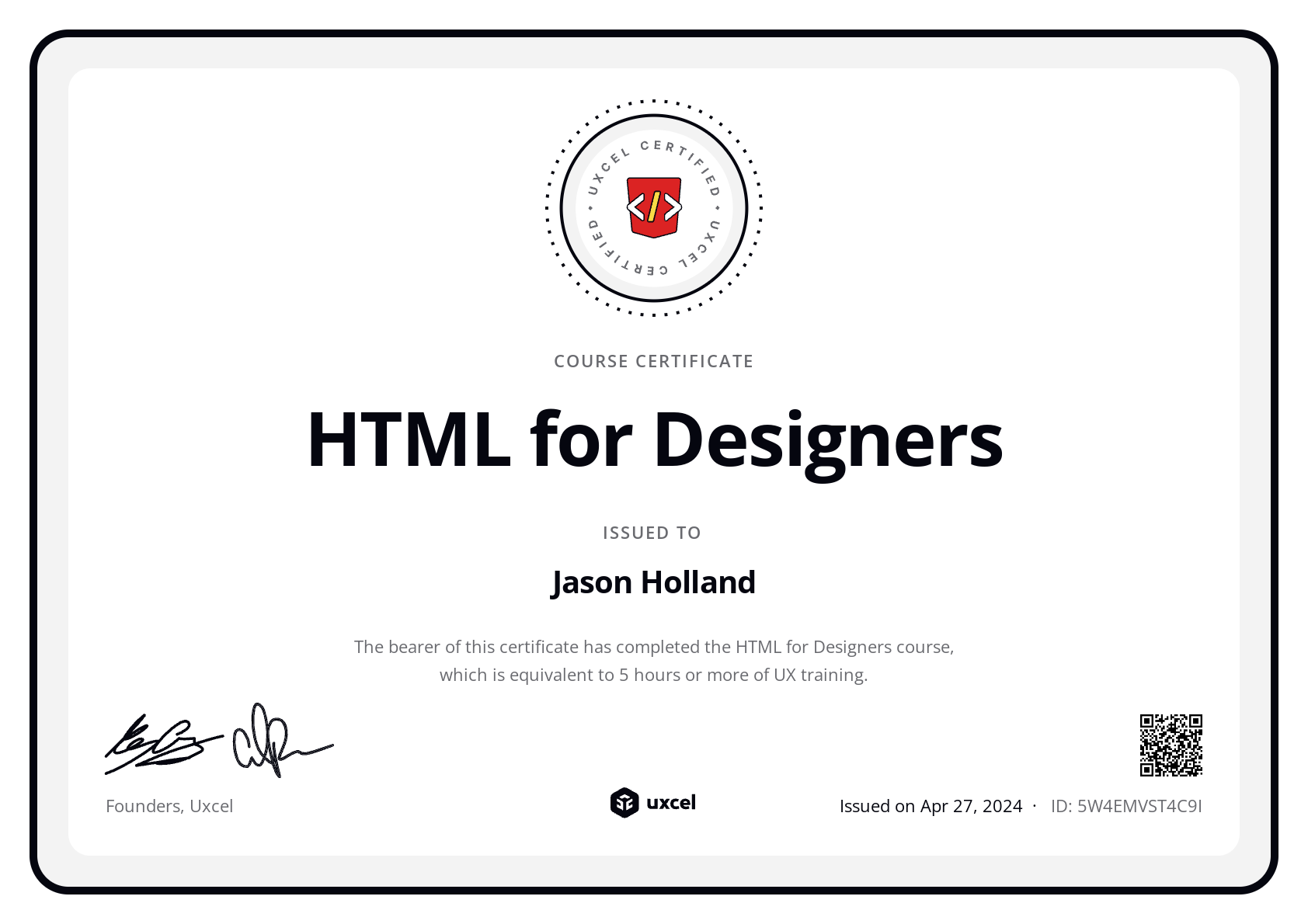 Jason Holland's certificate